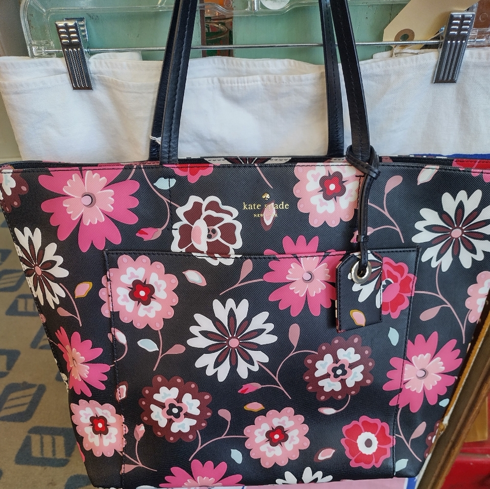 kate spade Black Floral Print Tote with Pink and White Flowers